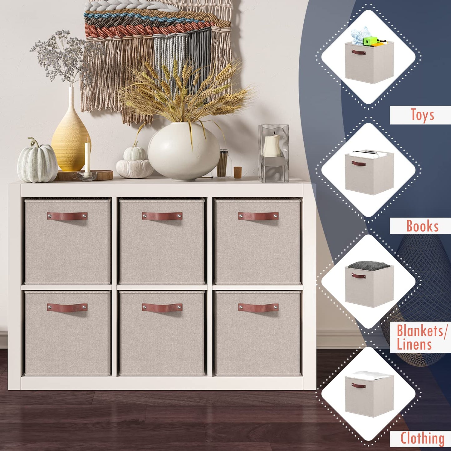Ornavo Home 13 x 13 Storage Cube Bins, Foldable Collapsible Fabric Storage Bins Box Linen Shelf Basket Cube Organizer for Closet with Leather Handles, 6 Pack, Beige