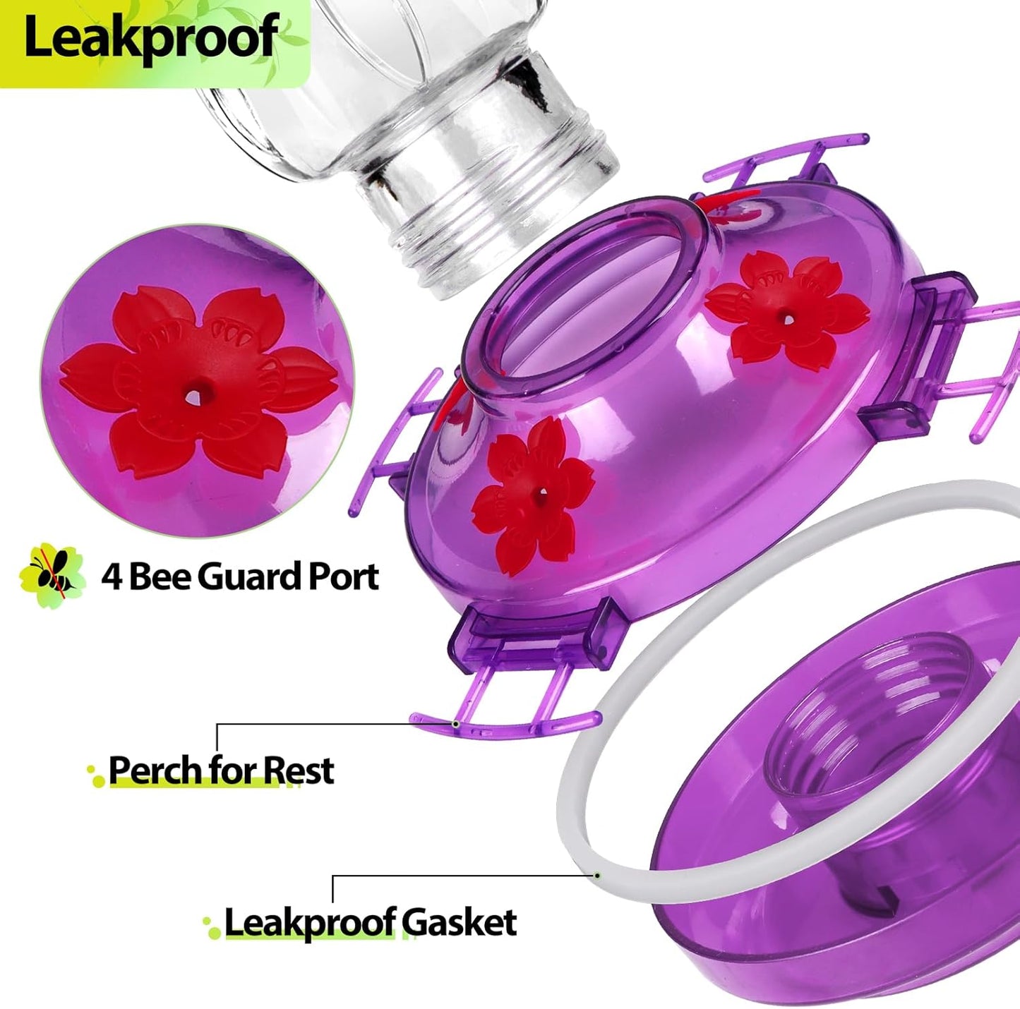 XAROO Hummingbird Feeder - 15oz Leakproof Design with Built-in Ant Moat & 4 Bee Guard Ports | Purple Gift for Nature Lovers