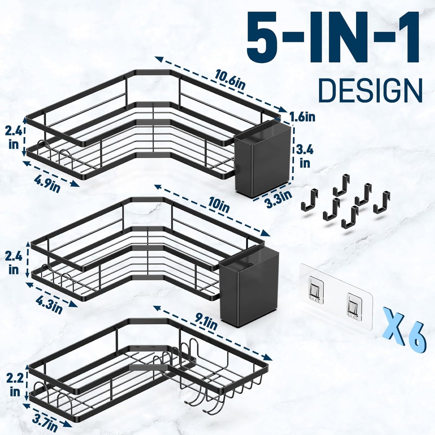 Sitlais Corner Shower Caddy - Rustproof Metal Wall-Mounted Shelves with Storage Boxes & Hooks | Durable Black, No-Drill Design