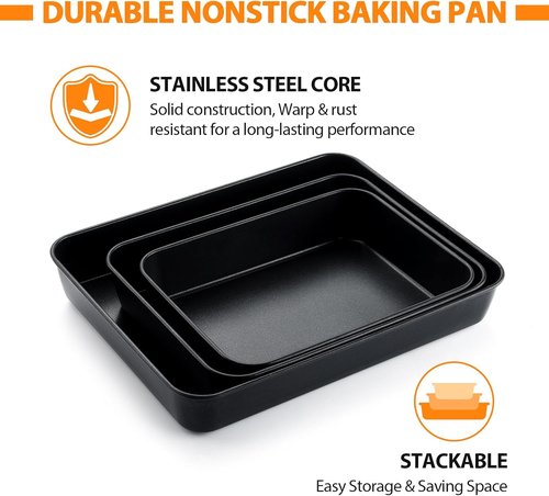 E-far Nonstick Baking Pans Set with Lids - 3 Rectangular Sheet Cake Pans (12.5/10.5/9.4 Inch)