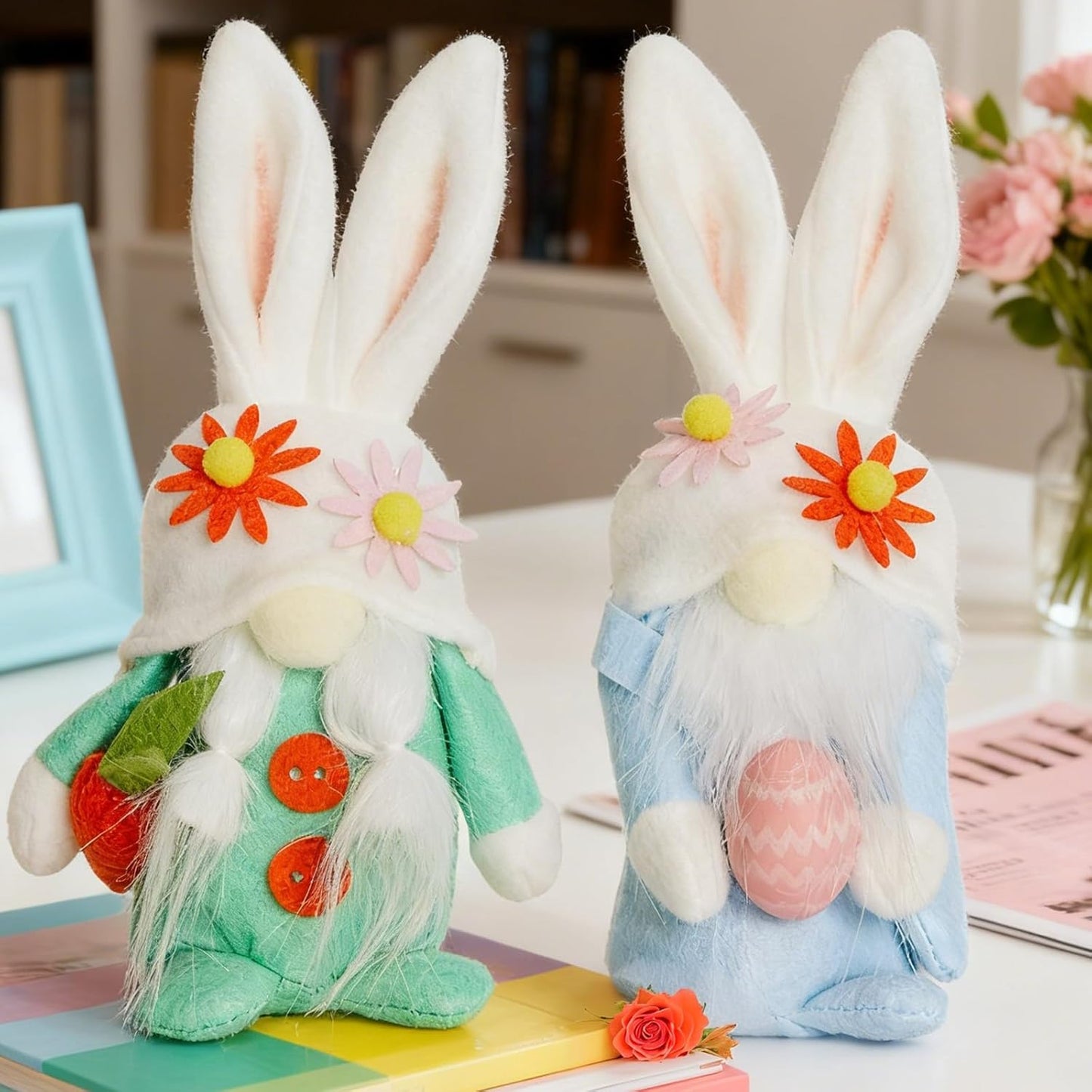 WDS Wondrous Easter Decorations - 2-Pc Bunny Gnome Stuffed Dolls with Carrot & Egg | Cute Spring Home Decor