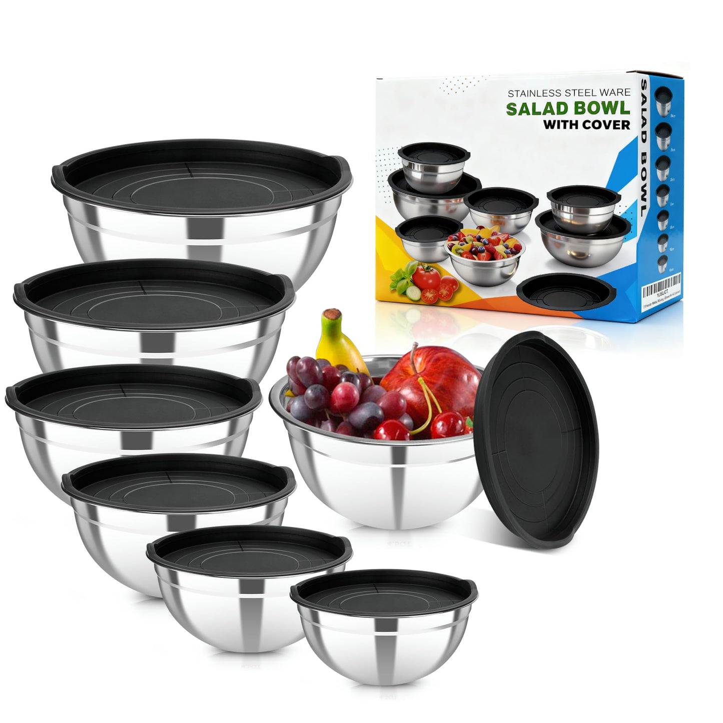 YJSLICT Stainless Steel Mixing Bowls with Lids Set (Size 0.7, 1.1, 1.5, 2.1, 3.5, 4, 4.5QT)