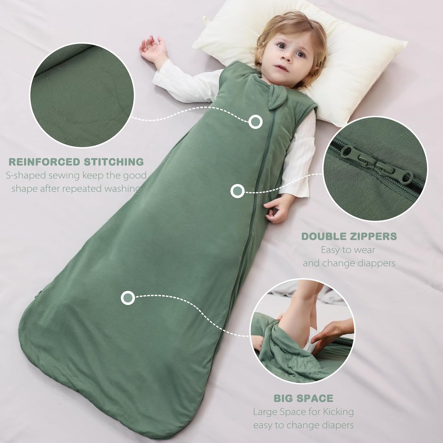 Mosebears Unisex Baby Sleep Sack - Supersoft Bamboo Wearable Blanket with 2-Way Zipper | Dark Green, 6-18 Months