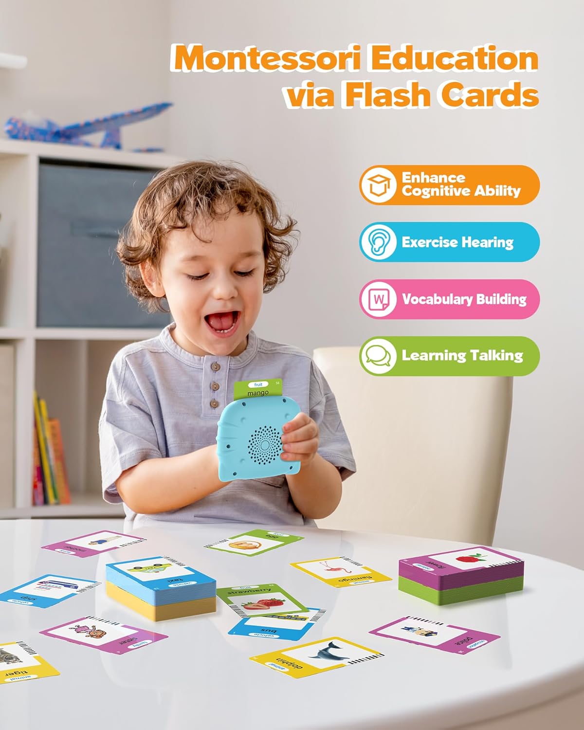 Airbition Talking Flash Cards - Montessori Language Learning Tool for Toddlers | 224 Words for Speech Development