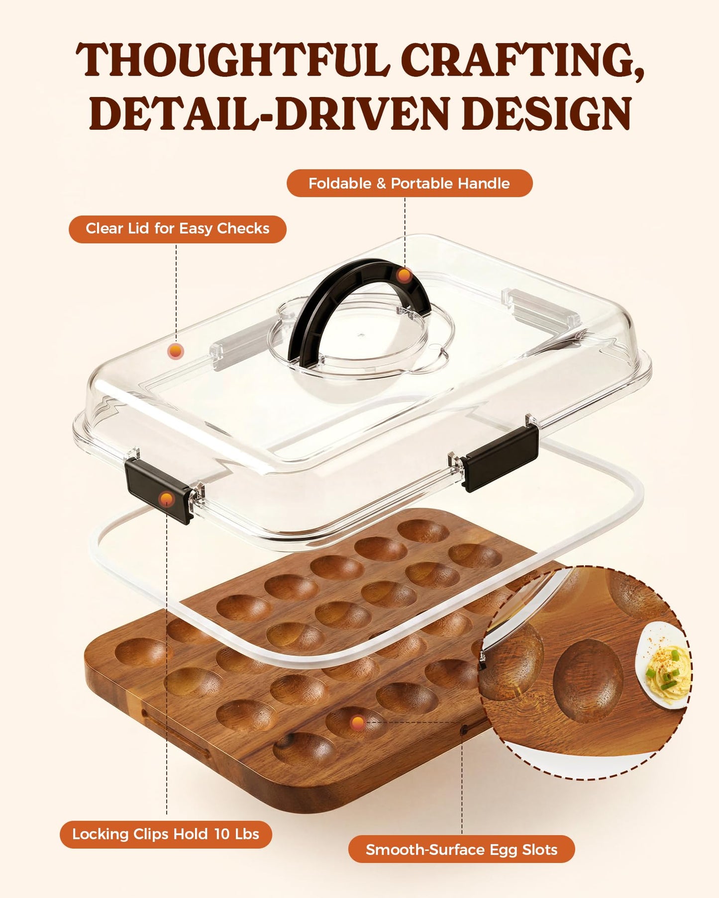 Sevenblue Acacia Wood Deviled Egg Containers with Lid and Handle, Portable Deviled Egg Platter for Easter, Potlucks & Party, Reversible Charcuterie Board Cutting Board