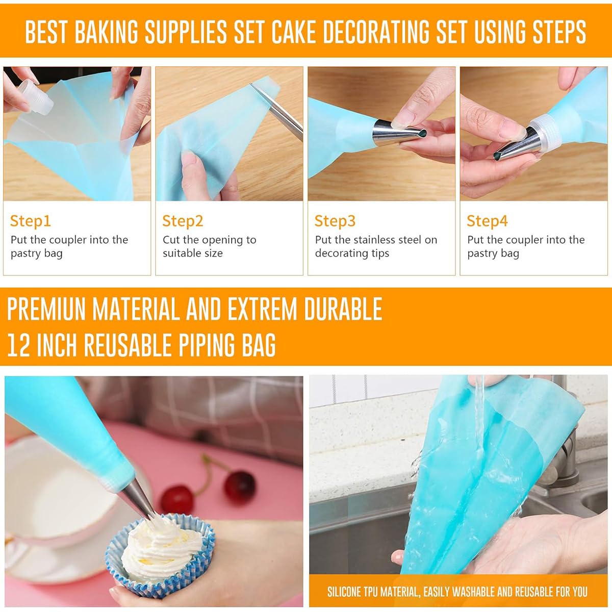 21pcs/set Cake Decorating Tools,Piping Bags and Tips Set;with 2pcs Reusable Icing Pastry Bags,Set Of 3 Scrapers,12 Different Icing Bags Tips, 2 Piping Bags Couplers and 2 Frosting Bags Ties