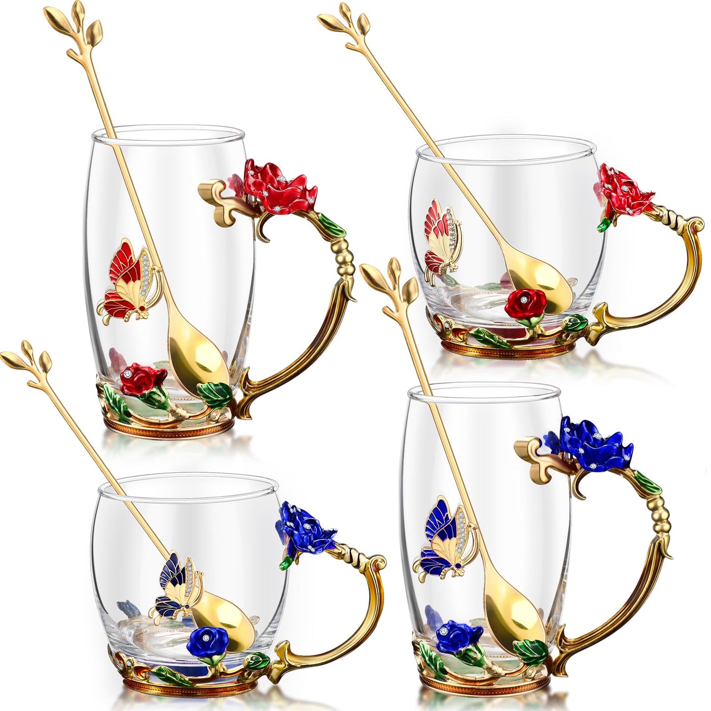 Mimorou 4 Pcs Butterfly Glass Tea Cups Sets for Mother's Day Tea Cup with Spoon Glass Mugs Flower Cup for Mother Gifts Women Clear Rose Coffee Cups Birthday Gifts Female Friend