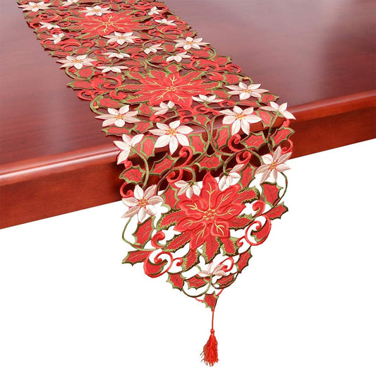 Christmas Poinsettia Table Runner - 13x36 Inch Holiday Dresser Scarf