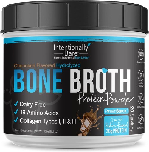 Intentionally Bare Bone Broth Protein Powder - Chocolate Flavor, Grass-Fed, Dairy-Free | 20 Servings with Multi Collagen Peptides