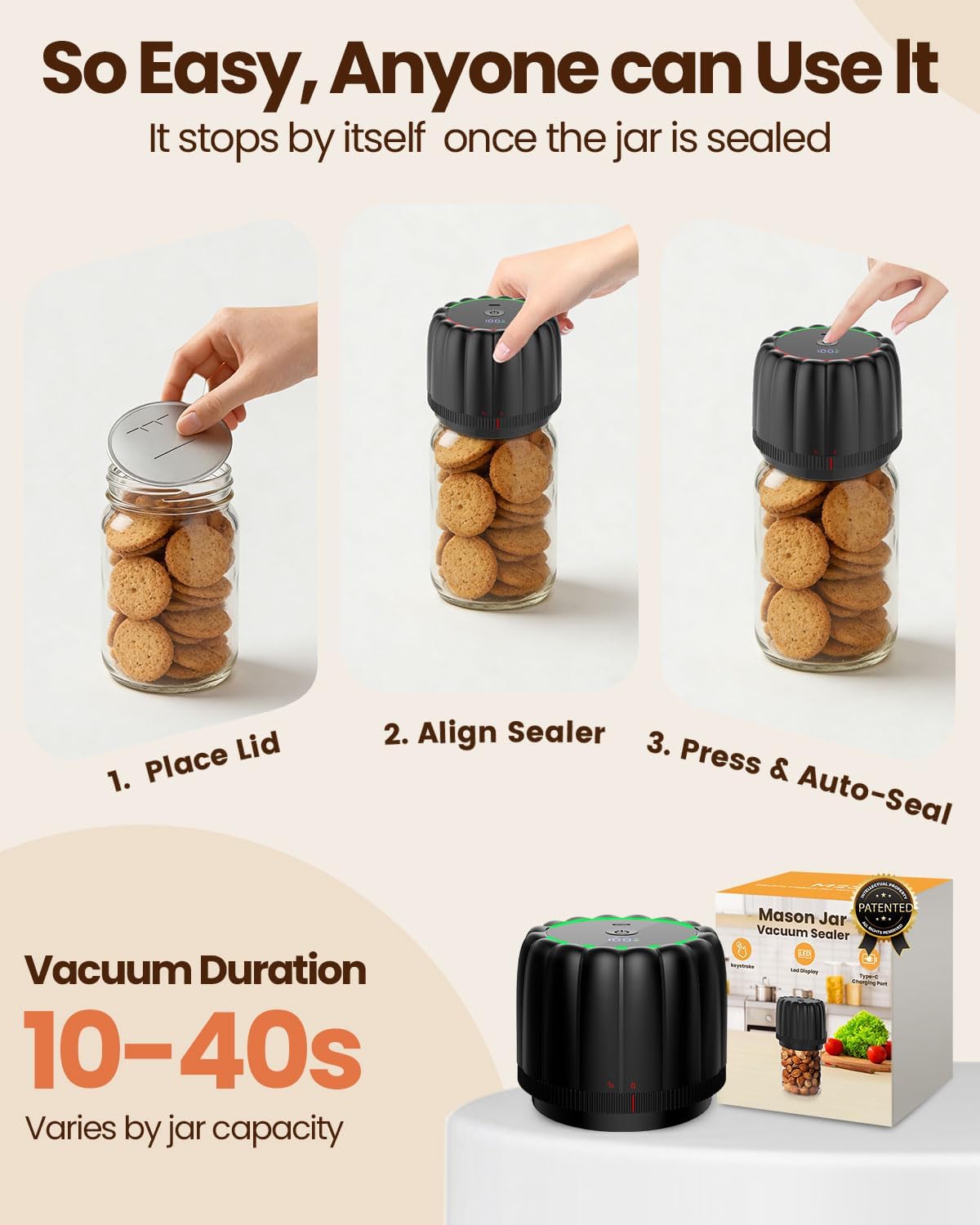 Upgraded Electric Mason Jar Vacuum Sealer Kit by [Brand Name] - Automatic One-Touch Food Storage with Wide & Regular Mouth Lids, 2500mAh Battery, Black