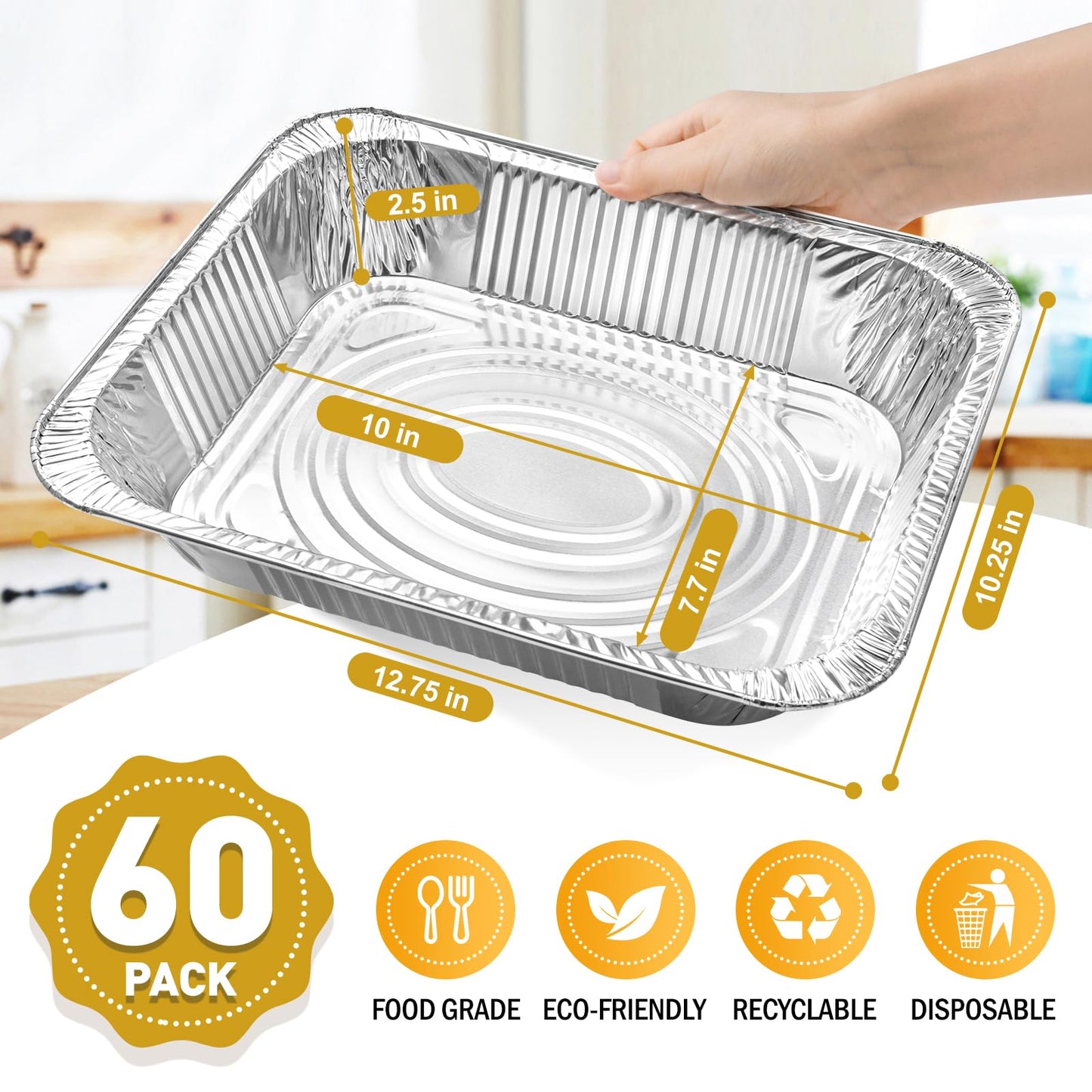 VISCOO 60 Pack Aluminum Pans - 9x13 Inch Disposable Foil Pans Baking Aluminum Trays, Food Grade Heavy Duty Tin Foil Pans for Baking, Roasting, Cooking, Meal Prep and Freezer, Steam Tables