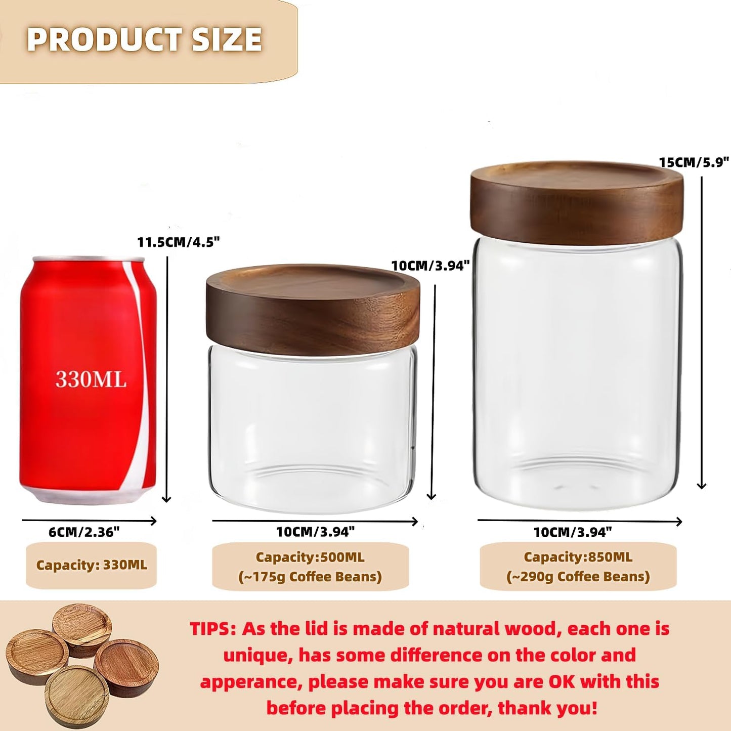 Skiennix Glass Food Storage Jar - Premium 17 Fl Oz Airtight Container with Wooden Lid | Ideal for Coffee, Tea, and Spices