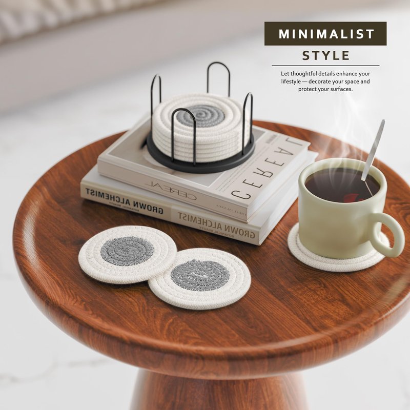 Lazebox Coasters Set of 8 for Drinks, Beer, Coffee, Cotton Woven Absorbent Coaster with Holder, Boho Coasters for Home Decor Tabletop Protection Suitable for Kinds of Cups, White & Grey