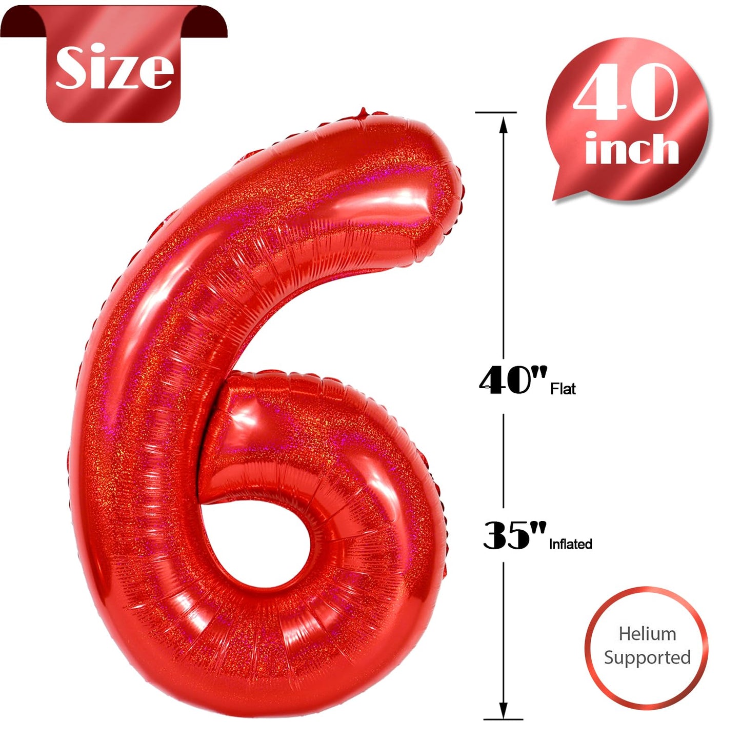 Laser Red 6 Balloon, Number Balloons 40 Inch, 6th Balloons for Birthday Decorations, Laser Red Party Supplies 6 Birthday Balloon, Number 6 Balloon
