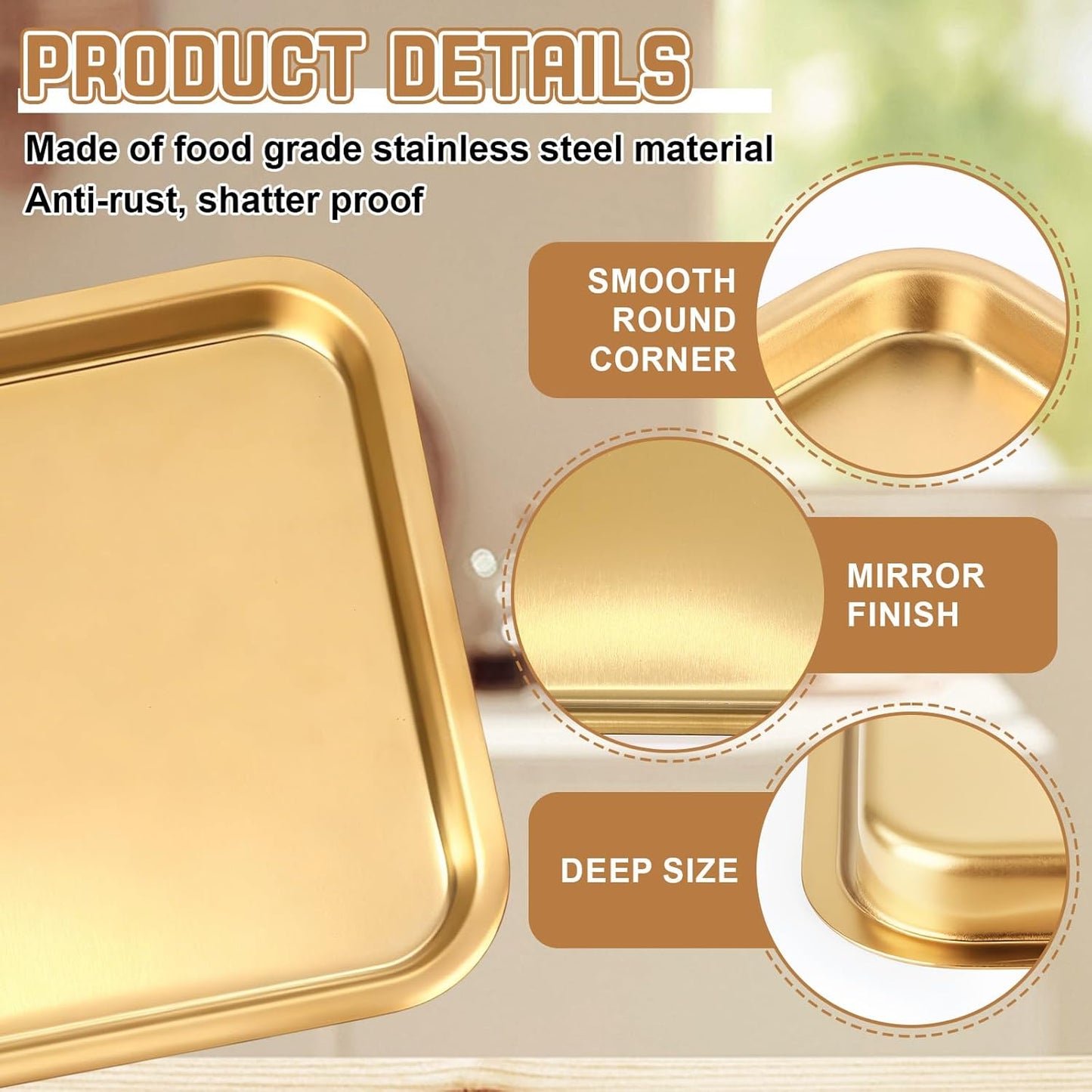 Skiennix Gold Baking Sheets - 6 Pcs Stainless Steel Cookie Tray | Rust-Free, Easy Clean, Dishwasher Safe