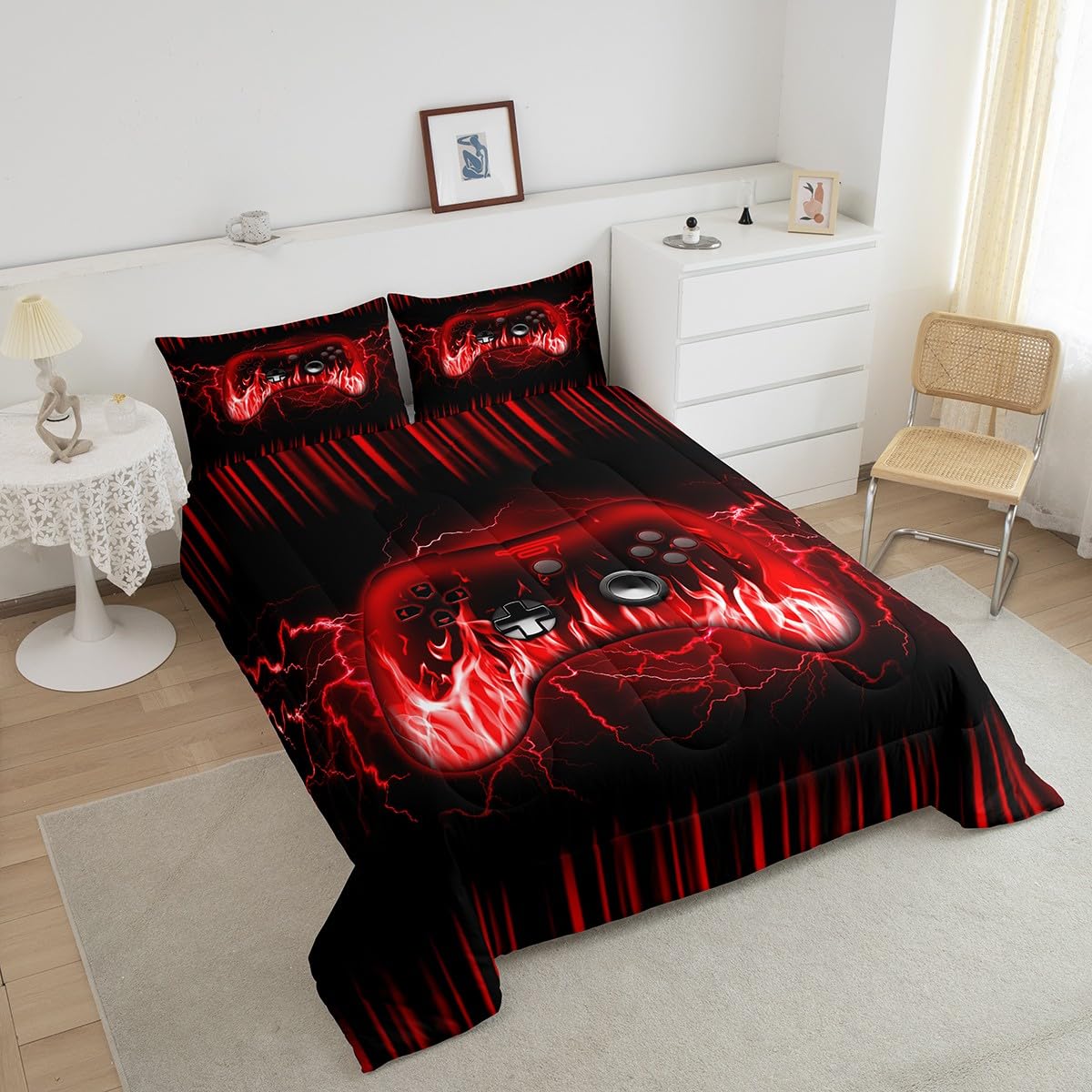 Feelyou Kids Gaming Comforter Set,Boys Gamer Bedding Set Full Size,Teens Bedroom Room Decor,Red and Black Game Contoller Comforter,Geometric Fire Ombre Game Bed Set All Season for Game Lovers