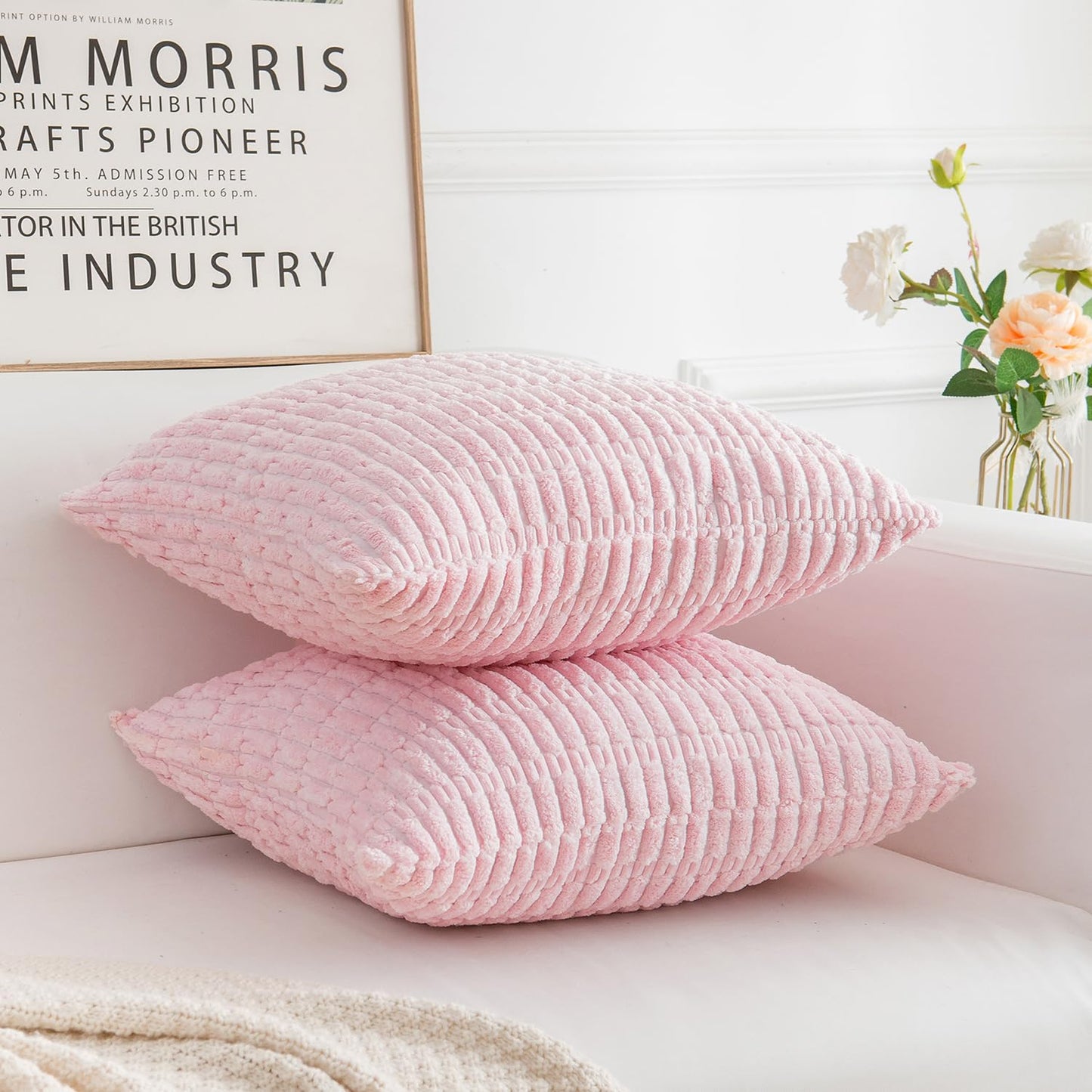 HERAYLI Corduroy Decorative Throw Pillow Covers, Boho Stripe Soft Square Cushion Case Home Decor for Living Room Couch Bed Sofa, Set of 2 Pack, Pink, 18x18 Inch