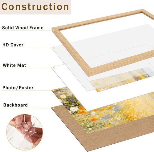 JCJMY Solid Wood Picture Frame - Display 8x10 with Mat or 11x14 Without - Natural Finish, Shatter Resistant Plexiglass