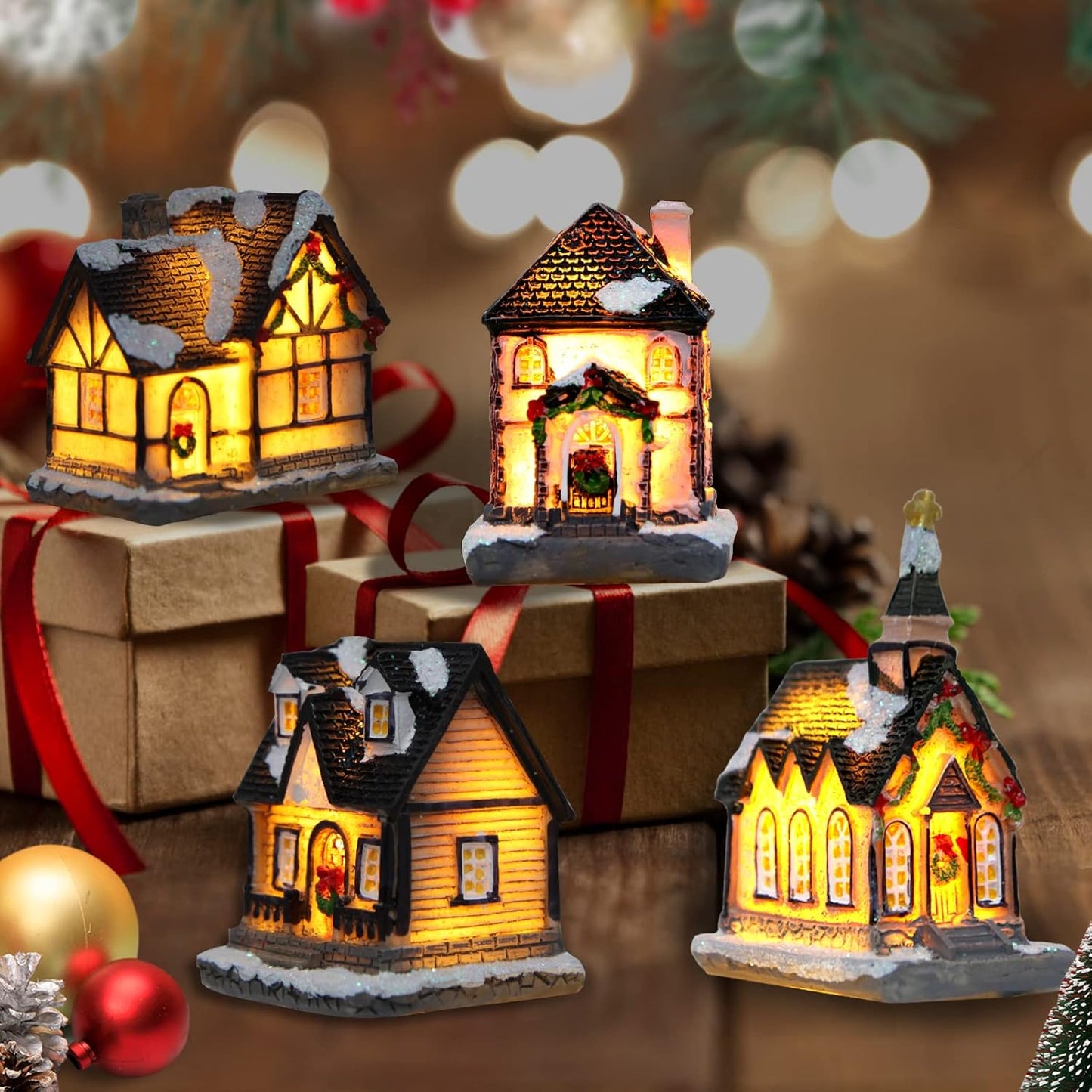 Skiennix Christmas Village House Set - 4 Pcs Resin Collectible Buildings with LED Lanterns for Holiday Decor