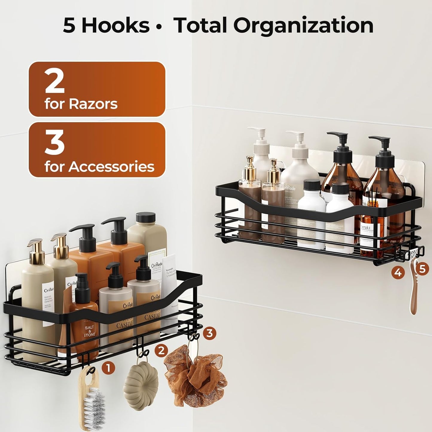 Orimade Shower Caddy Shelf - Rust Resistant Wall Mounted Organizer with 5 Hooks | 2 Pack, Black