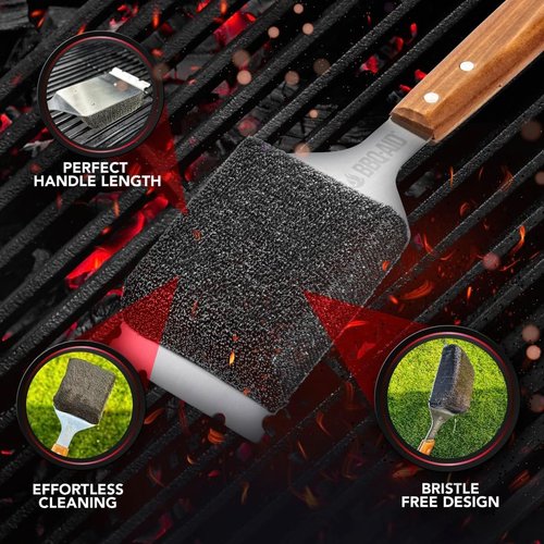 BBQ-AID Bristle Free Grill Brush - Large Wooden Handle & Replaceable Head for Scratch-Free BBQ Cleaning