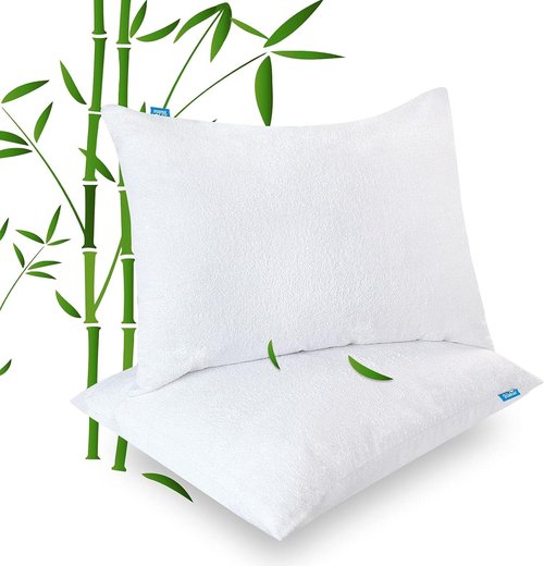 Biloban Waterproof Pillow Protector - 100% Viscose Bamboo Cooling Cases | Standard Size 2-Pack, 26”x20” White