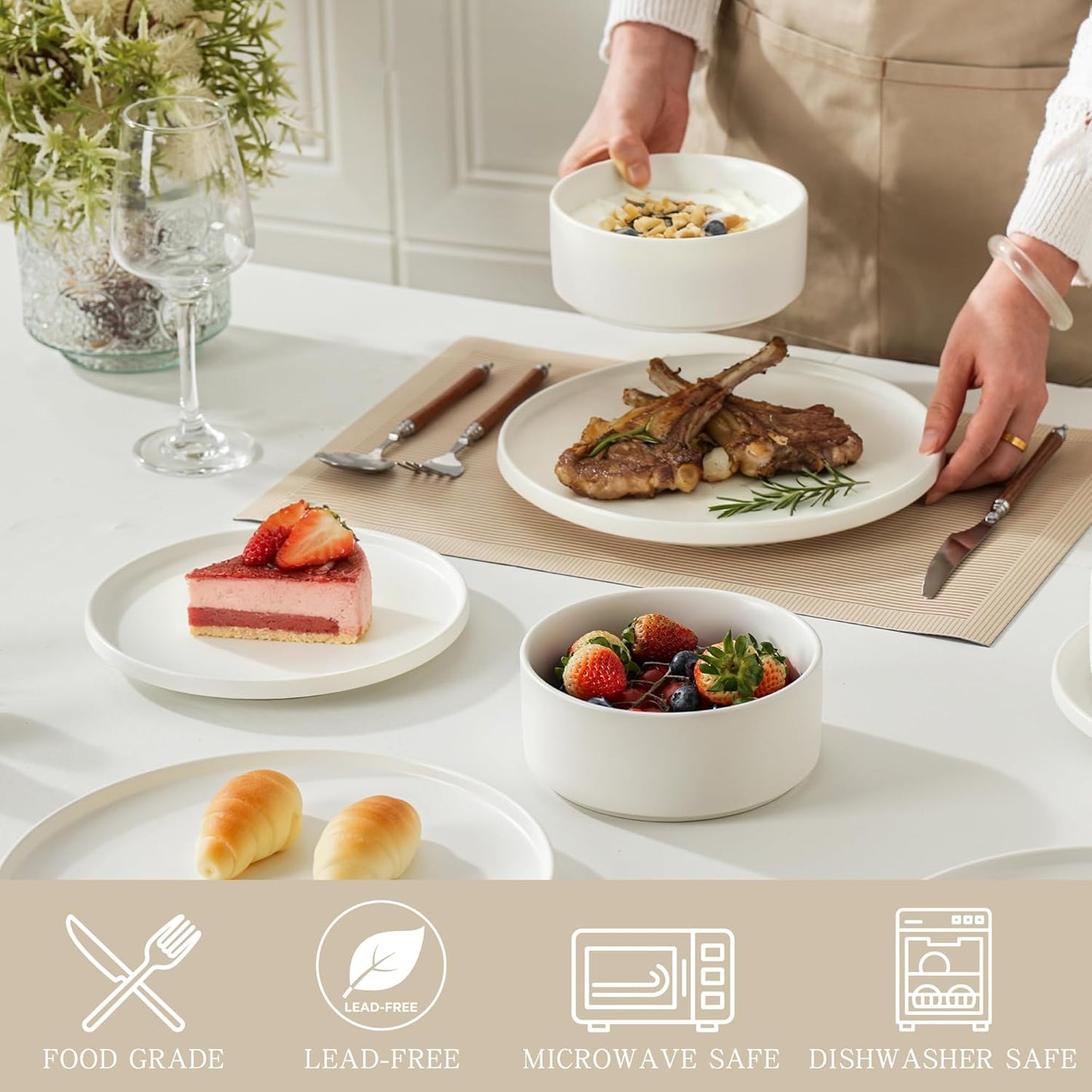 Skiennix 8-Inch Matte White Stoneware Plates - Set of 4, Microwave & Dishwasher Safe for Salads & Desserts