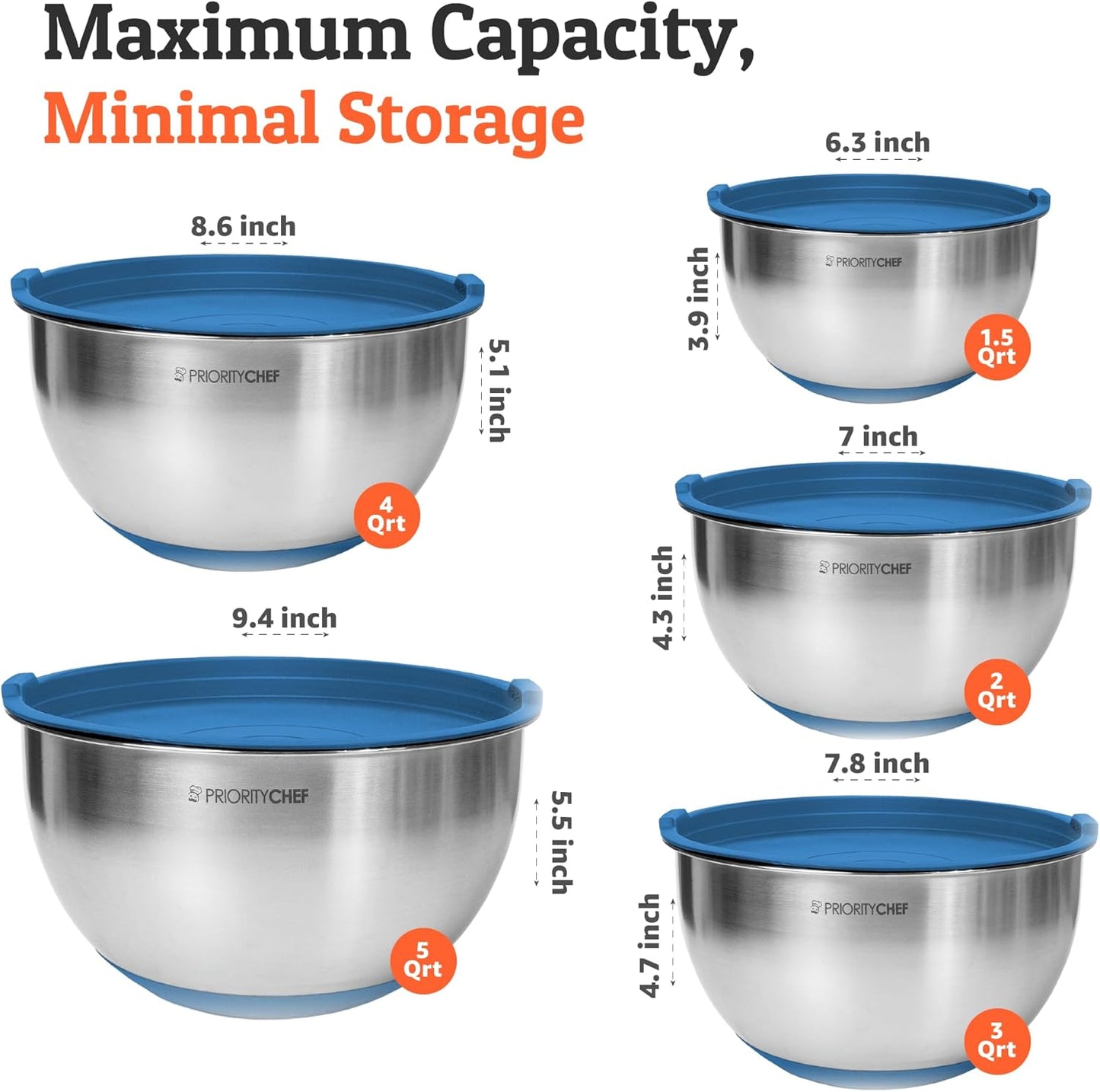 Priority Chef Premium Mixing Bowls - Airtight Lids Set, Durable Stainless Steel, Nesting Design | 1.5-5 Qt, Blue