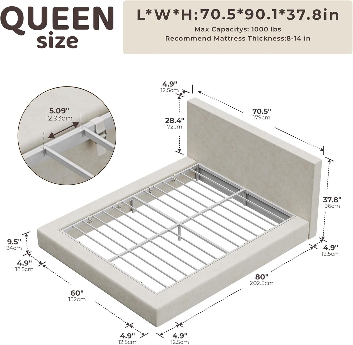 RECCI AirFrame Queen Bed Frame - Cloud Upholstered Platform with Headboard, 5-Inch Foam Cushioned, Easy Assembly | Beige Chenille