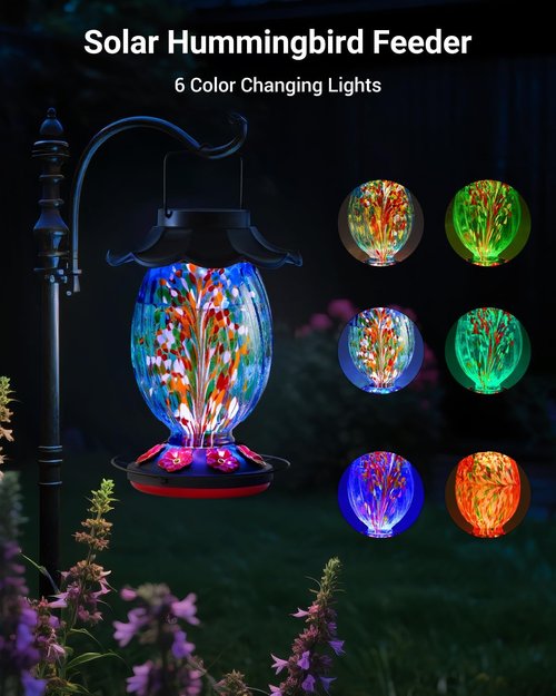 HouseSapp Solar Hummingbird Feeder - 49 Fl. Oz Color Changing Glass - 7 Feeding Ports with Perch - Ideal for Outdoor Use (Blue)