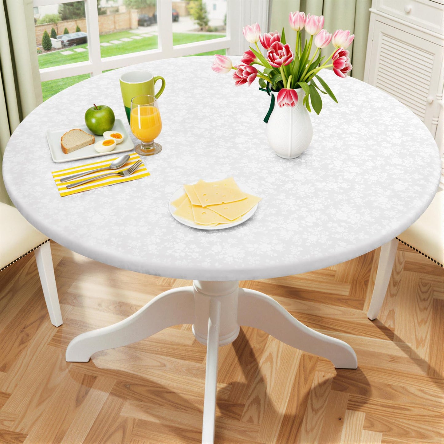 Smiry Round Picnic Tablecloth, Elastic Waterproof Fitted Heavy Duty Vinyl Tablecloths for 45"-56" Tables, Wipeable Washable Table Cover for Kitchen, Dining, Camping, Outdoor, White