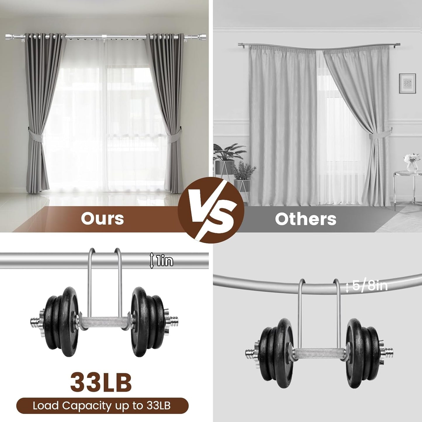 Skiennix 1” Diameter Silver Curtain Rod - Adjustable 30-90 Inch for Heavy Duty Window Treatment
