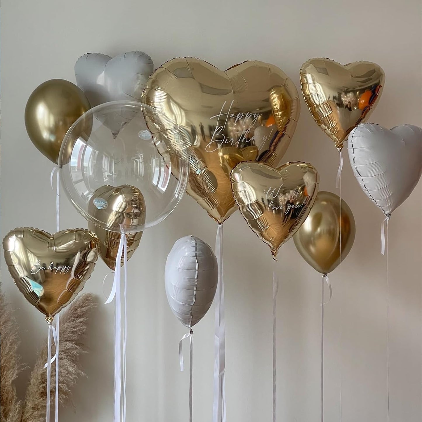 Skiennix Heart Balloons - 12 Pcs Cream White & Gold Foil Balloons | 18-Inch Beige Helium Decor for Baby Showers & Weddings