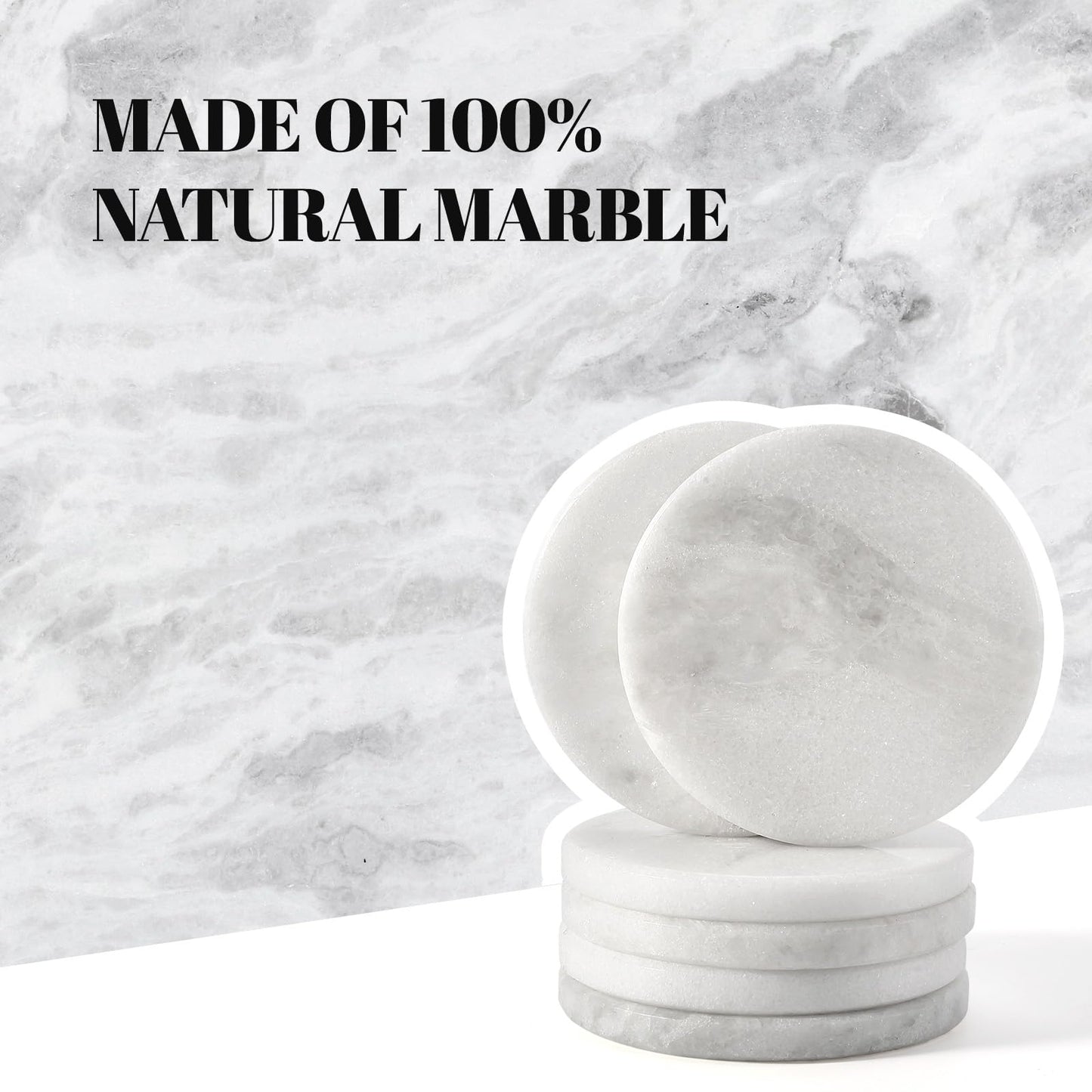 Koville White Marble Coasters Set of 6 for Coffee Table, 3.9" Inches Handmade Round Coaster, Luxury Aesthetic Modern Drink Coaster for Table Décor Home Décor, Coasters for Dining, Bar or Office