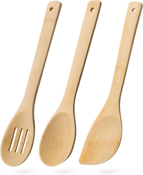 Bamboo Kitchen Utensil Set - 3PCS Wooden Cooking Spoons & Spatula for Non-Stick Pans