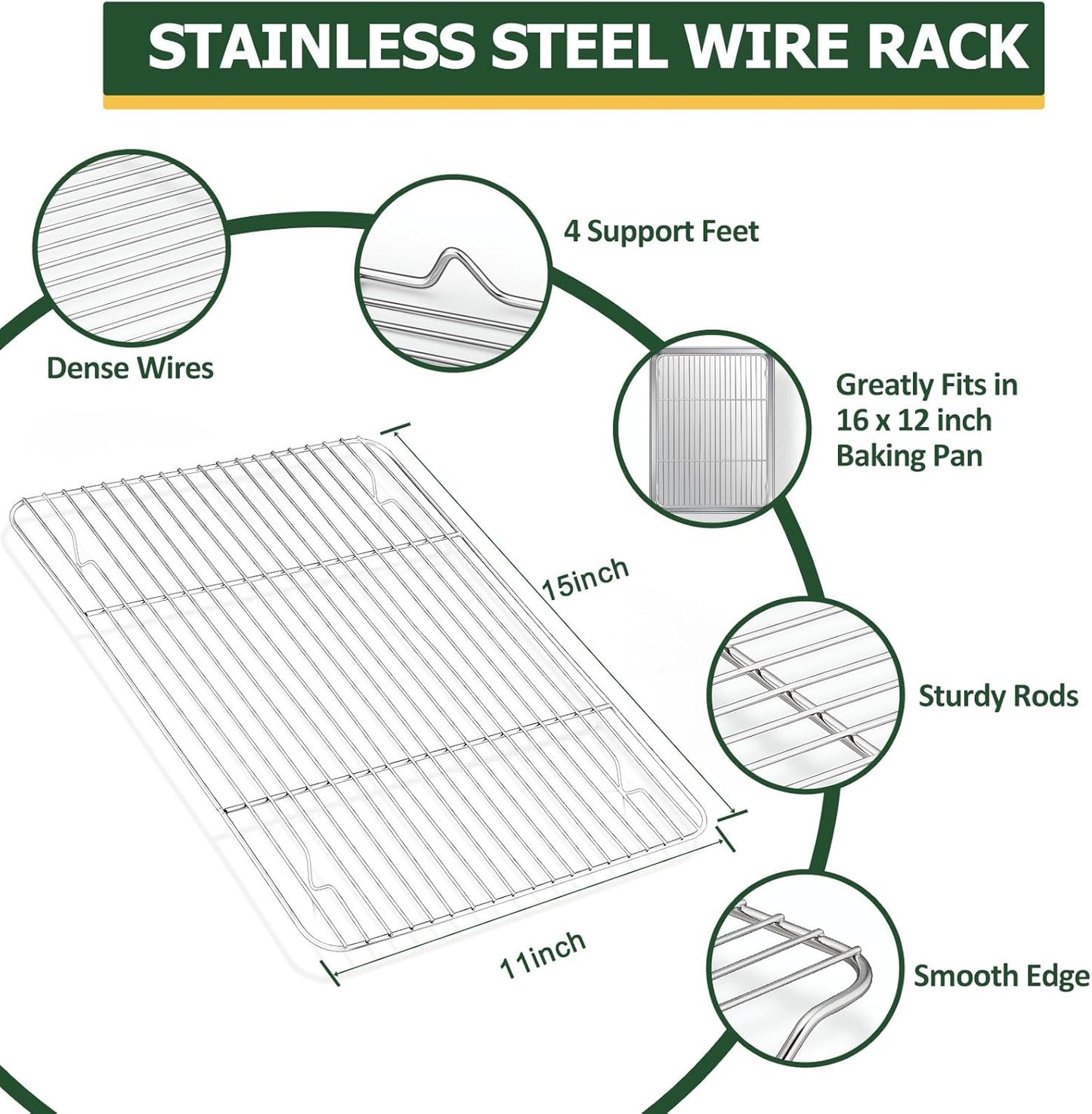TeamFar Stainless Steel Baking Sheet Set - 16” x 12” Baking Pan with Cooling Rack & Silicone Mat | Oven & Dishwasher Safe