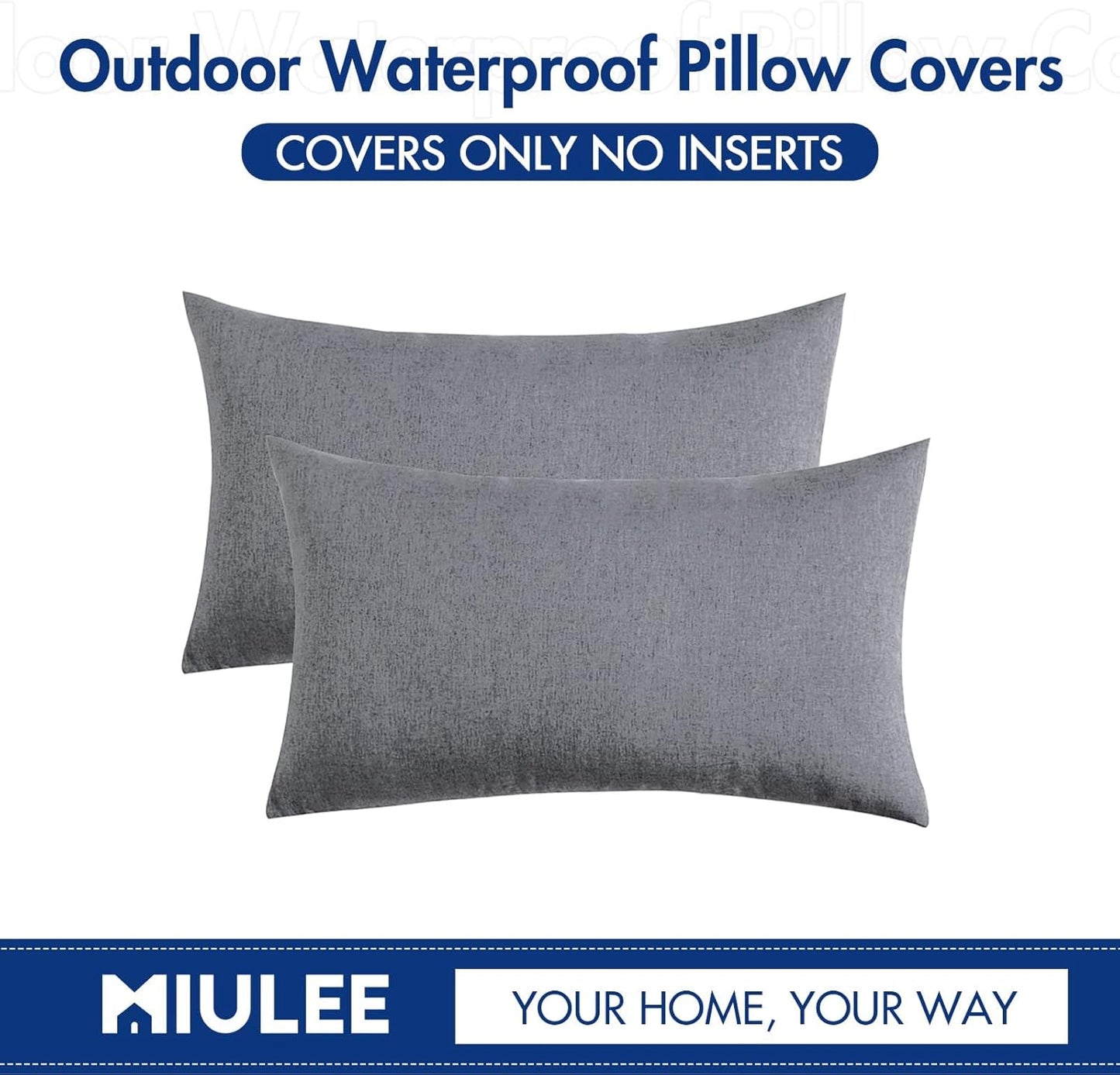 MIULEE Decorative Outdoor Throw Pillow Covers - Waterproof Faux Linen Cushion Cases | 20x12 Inch Dark Grey (Pack of 2)