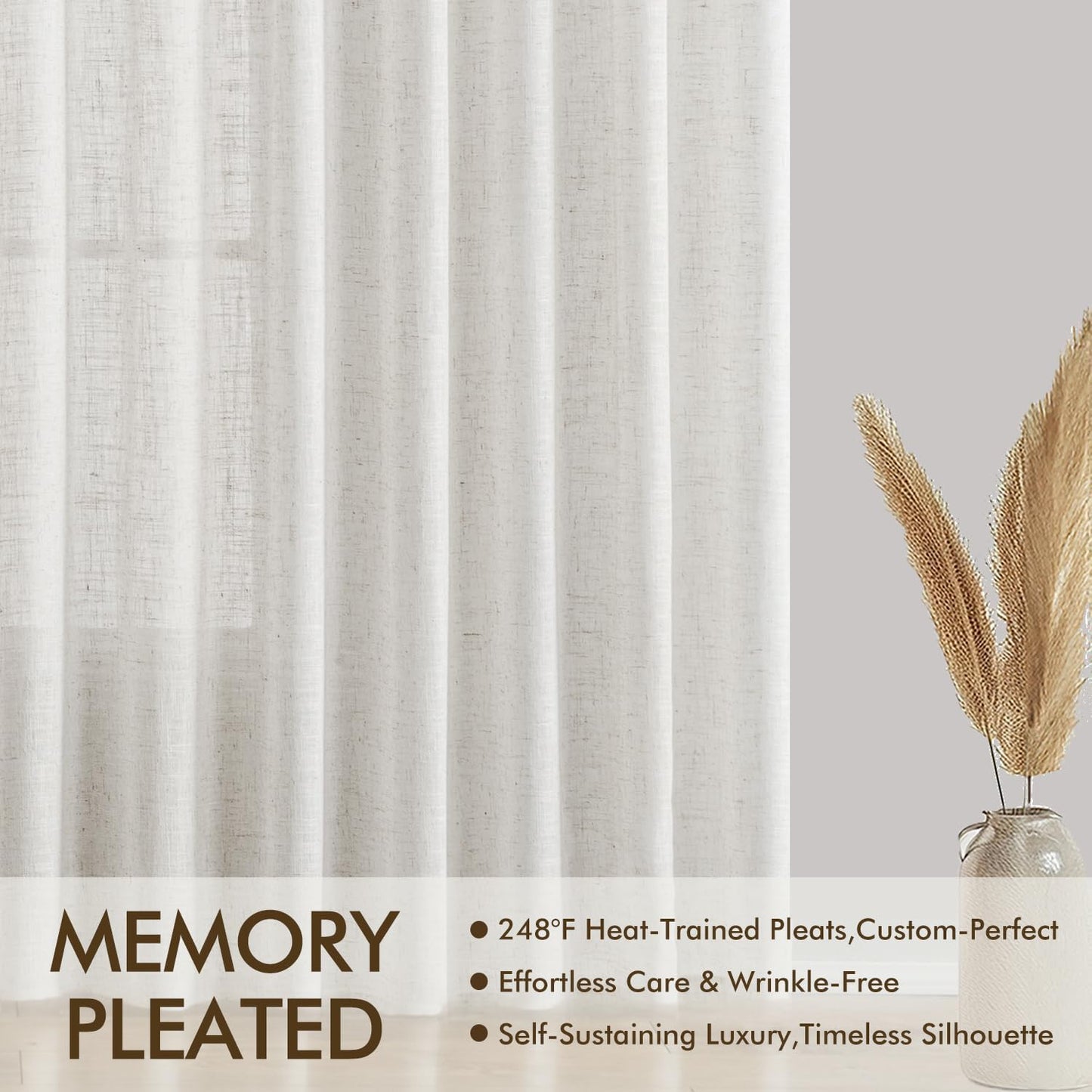 MIULEE 96-Inch Long Pinch Pleated Natural Linen Curtains - Semi-Sheer Drapes for Bedroom & Living Room