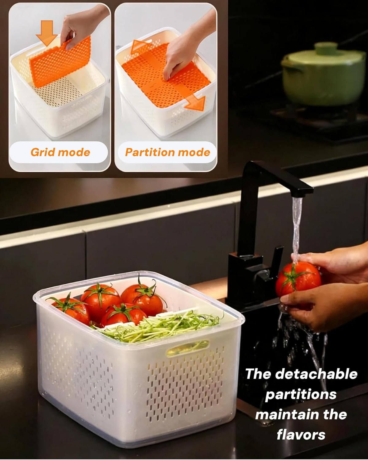 SnowSky 4PCS 2-in-1 Fruit & Veggie Fresh Box - Airtight Leak-Proof Storage with Detachable Colander & Divider
