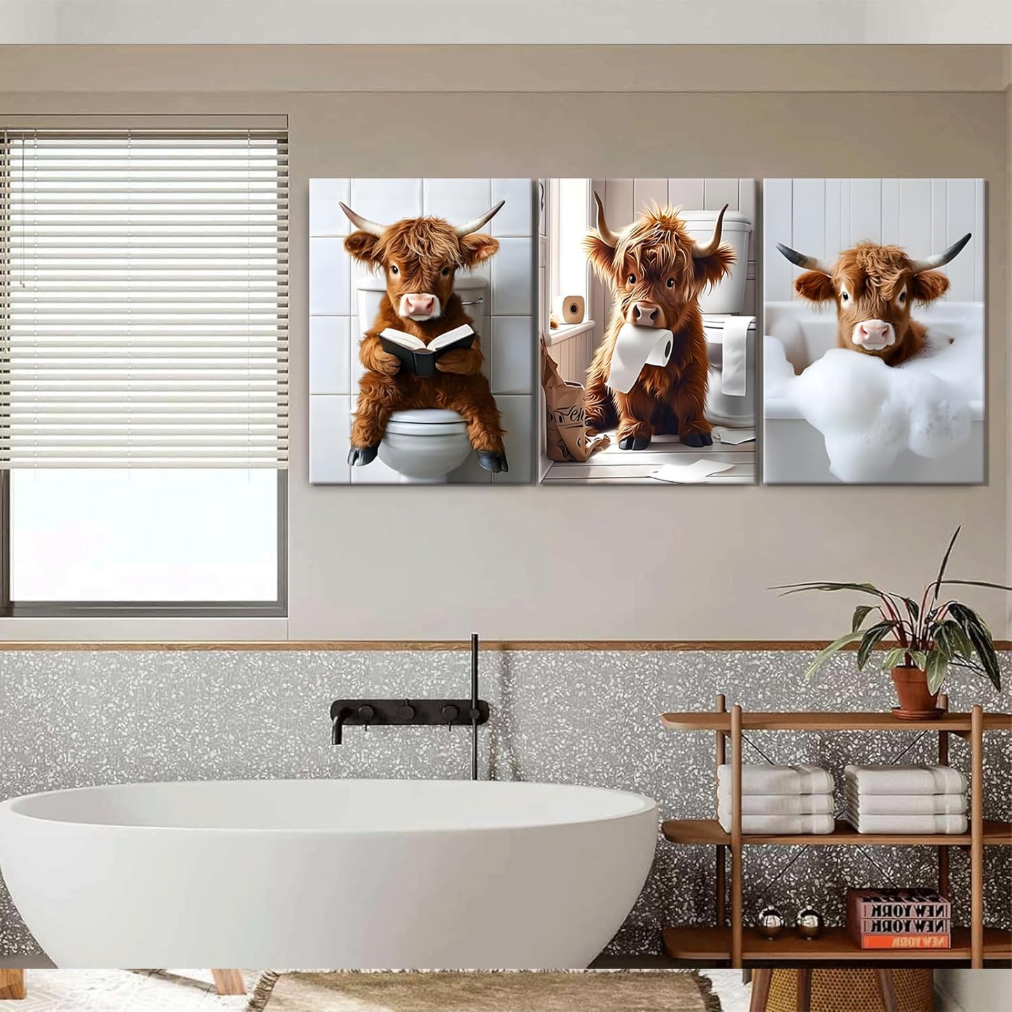JBZDD Highland Cow Bathroom Canvas Wall Art Set of 3, Funny Cute Rustic Farmhouse Cow Prints for Bathroom Restroom Home Decor 24x16 Inch Framed