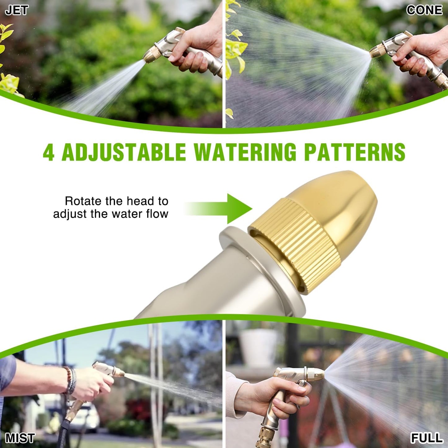 Yesker Garden Hose Nozzle - Heavy Duty 100% Metal Brass Sprayer with 4 Adjustable Spray Patterns for Outdoor Use
