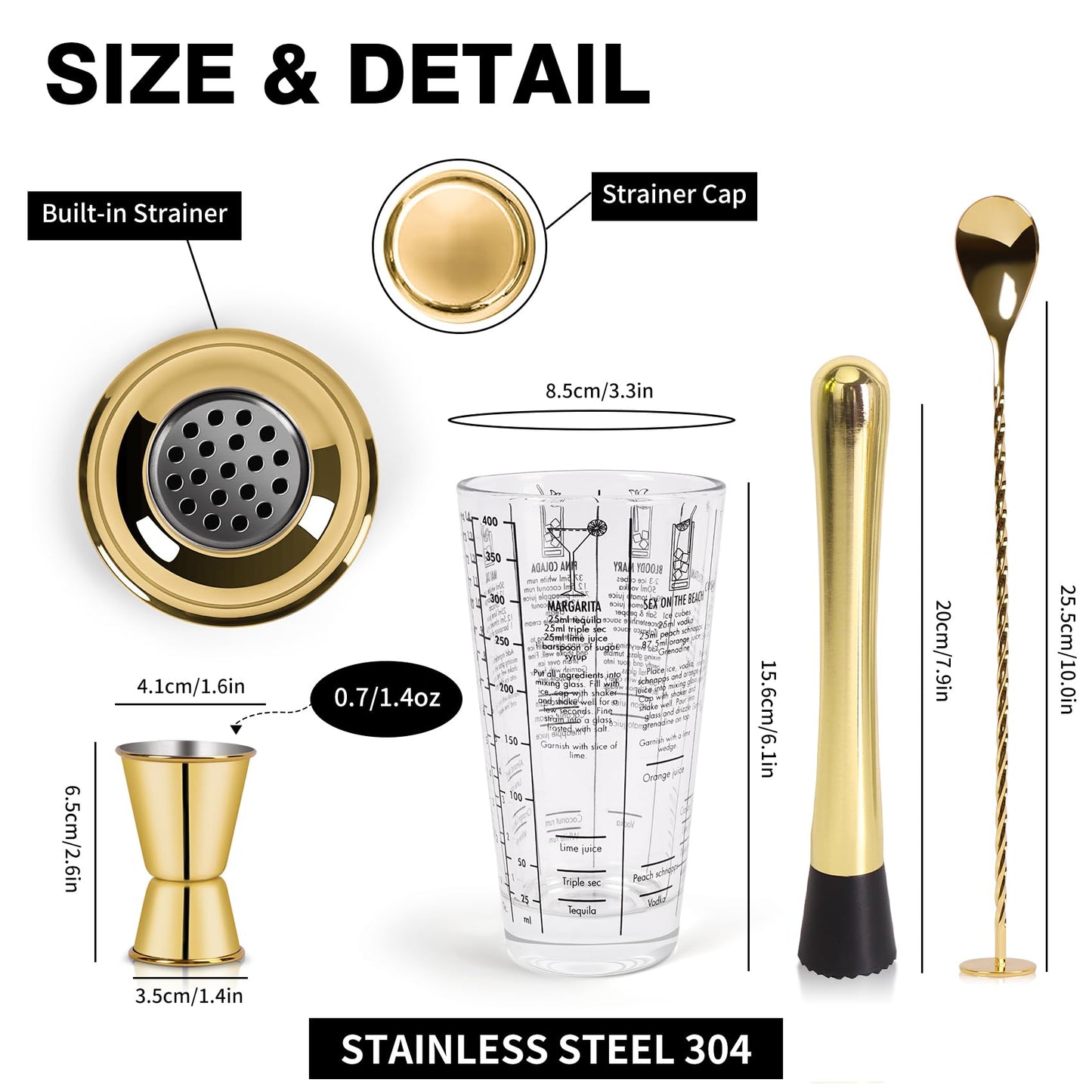 SAVORLIVING 14oz Glass Cocktail Shaker Set, 4PCS Bartender Kit, Martini Mixer Shaker with Built-in Strainer, Mixing Spoon, Measuring Jigger & Muddler, Bar Tool Set for Beginners Use (Gold)