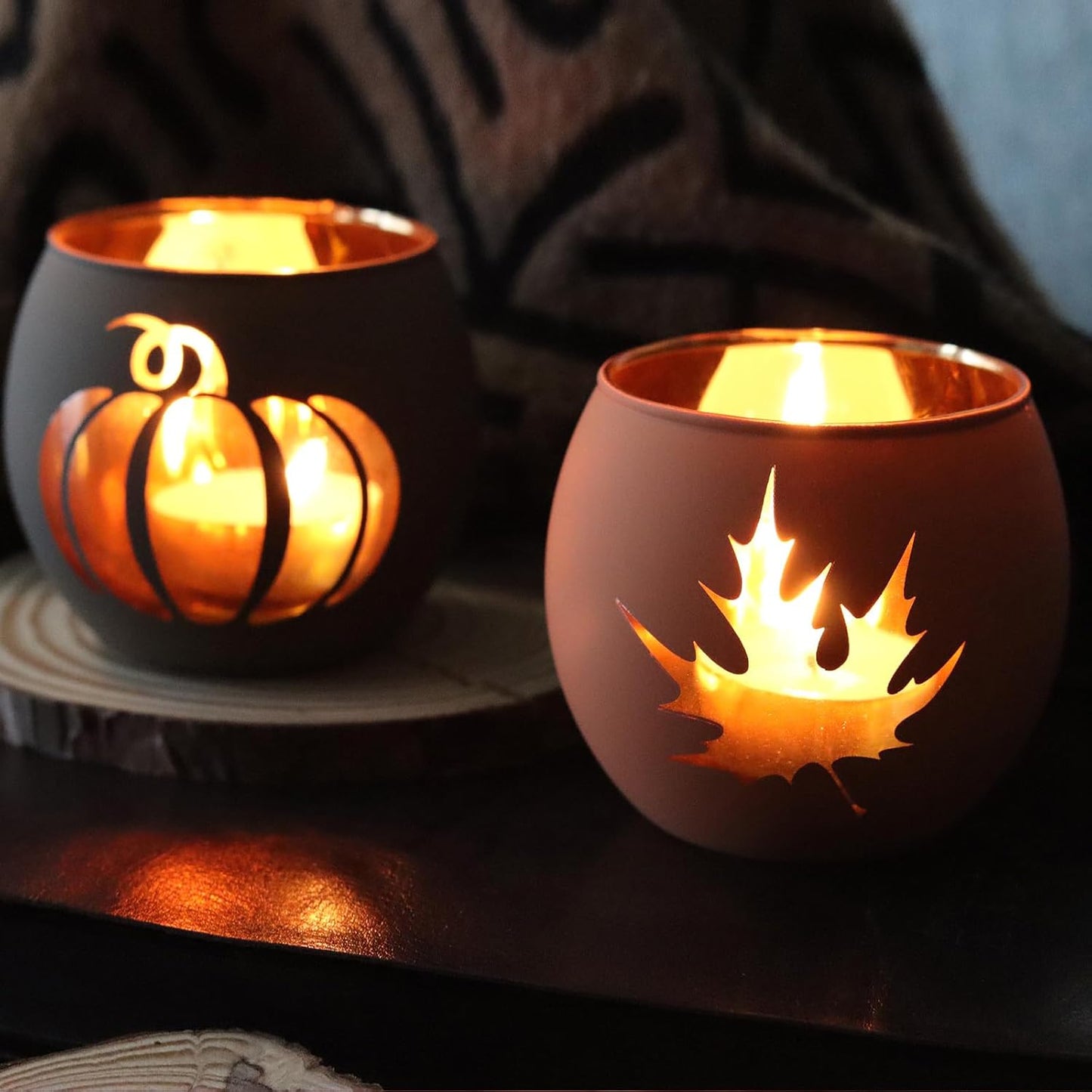 Thanksgiving Votive Candle Holder Set by [Brand Name] - 6 Glass Holders with Laser Engraved Designs for Fall Centerpiece Decor