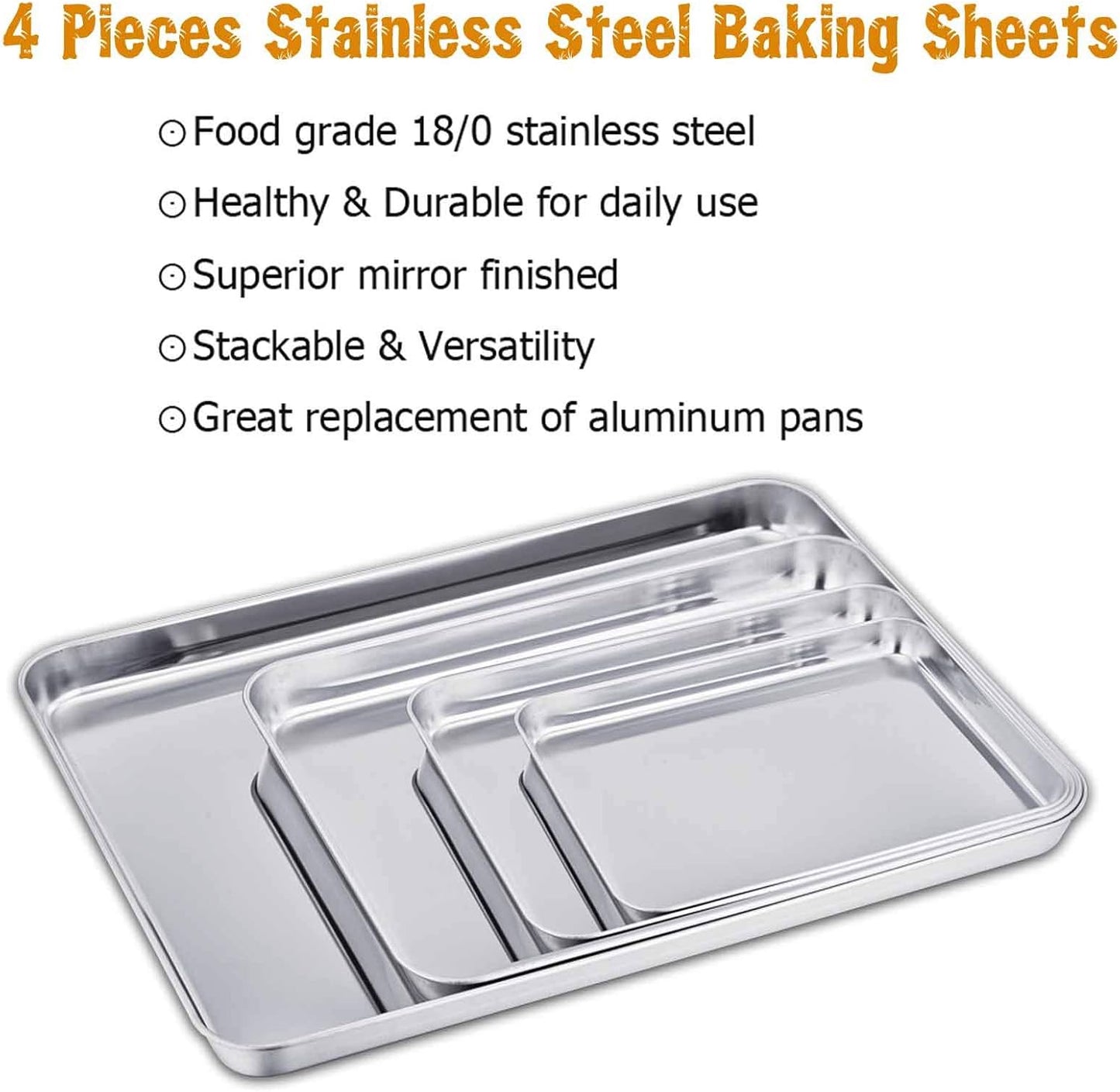 TeamFar Stainless Steel Baking Sheet Set - Non-Toxic, Rust-Free, Easy Clean | 4-Piece Set (16/12.5/10/9.3 Inch)