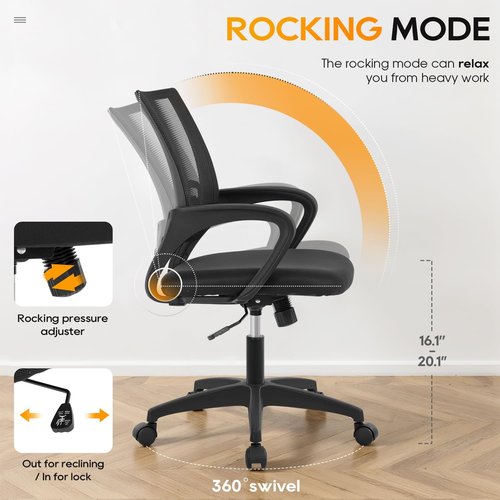 BestOffice Ergonomic Office Chair - Mid-Back Swivel Desk Chair with Breathable Backrest & Lumbar Support | Adjustable Height & Rolling Wheels | Dark Black for Adults & Women