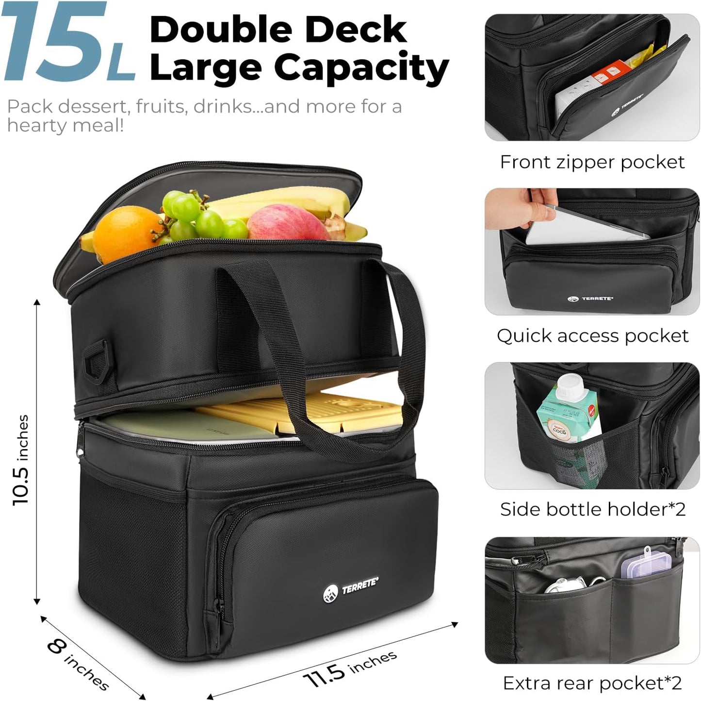 Skiennix Insulated Lunch Box - Double Deck Leakproof Cooler Bag for Work & Travel | 15L Black