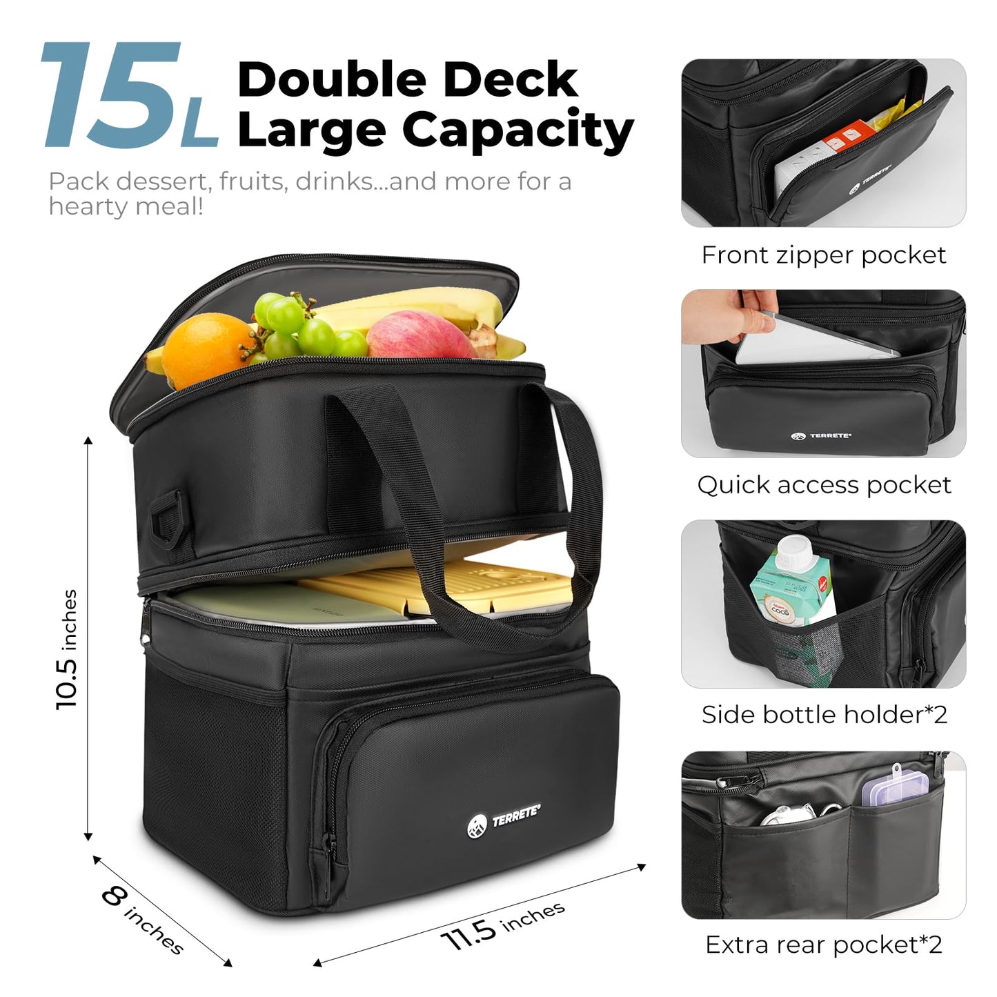 Terrete Insulated Lunch Box - Double Deck, Leakproof Cooler Bag for Men & Women, Large Lunch Bag for Work/Travel (15L Black)