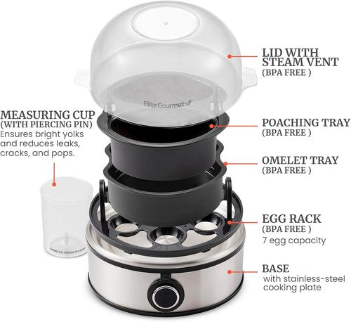Elite Gourmet Easy Egg Cooker - 7-Egg Capacity for Soft, Medium, Hard-Boiled & Poached Eggs | Stainless Steel with Auto Shut-Off