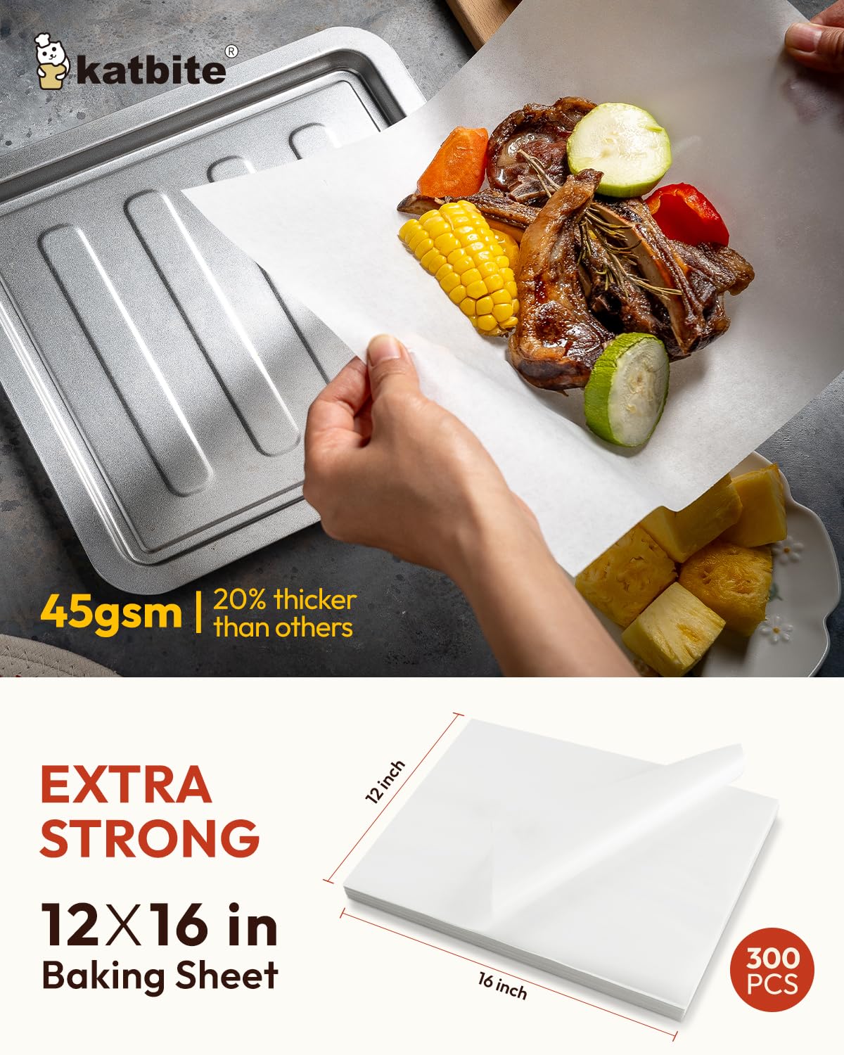 Katbite Parchment Paper, Heavy Duty 12x16 inches Baking Paper, 300 Sheets Oil-proof and Non-stick Parchment Paper Sheets Perfect for Air Fryer, Grilling,Cooking and Wrapping [Extra Strong Series]