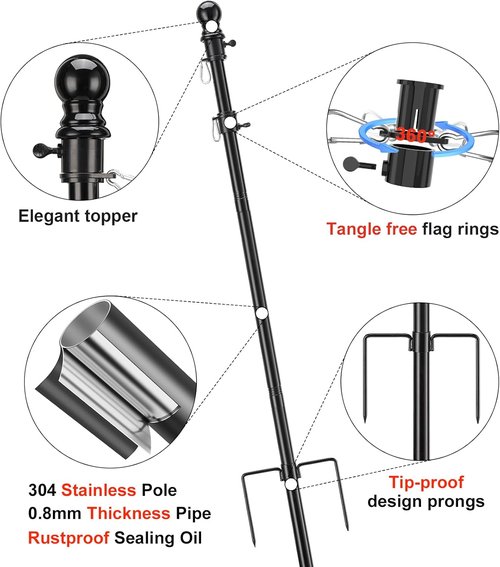 Heavy Duty Ground Flag Pole Kit - 8.5FT Tangle-Free Inground Flagpole with Windproof Prong - Black